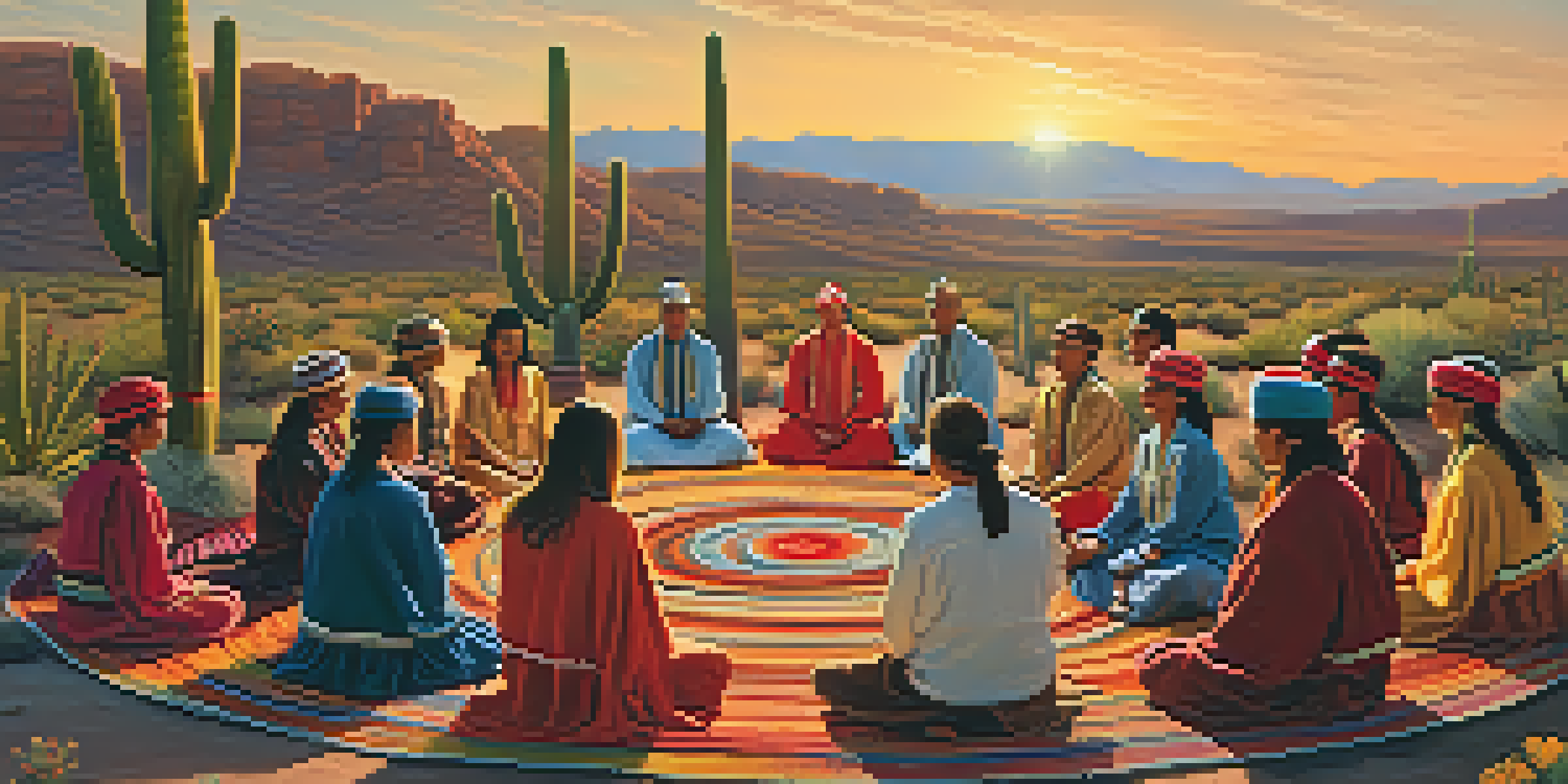 Participants in a peyote ceremony meditating in a circle outdoors, surrounded by desert cacti and wildflowers, during sunset.