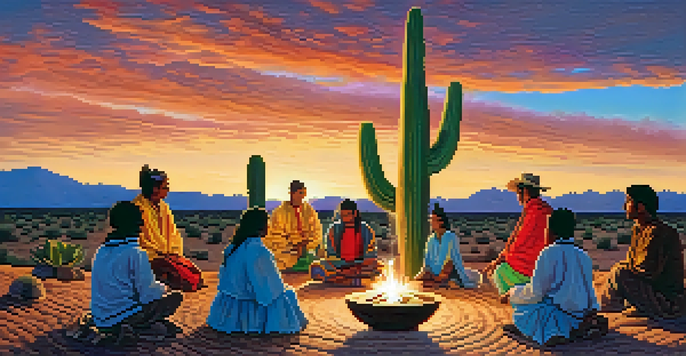 A group of people in traditional clothing gathered in a circle around a fire during a peyote ceremony at sunset, with a cactus silhouette in the background.
