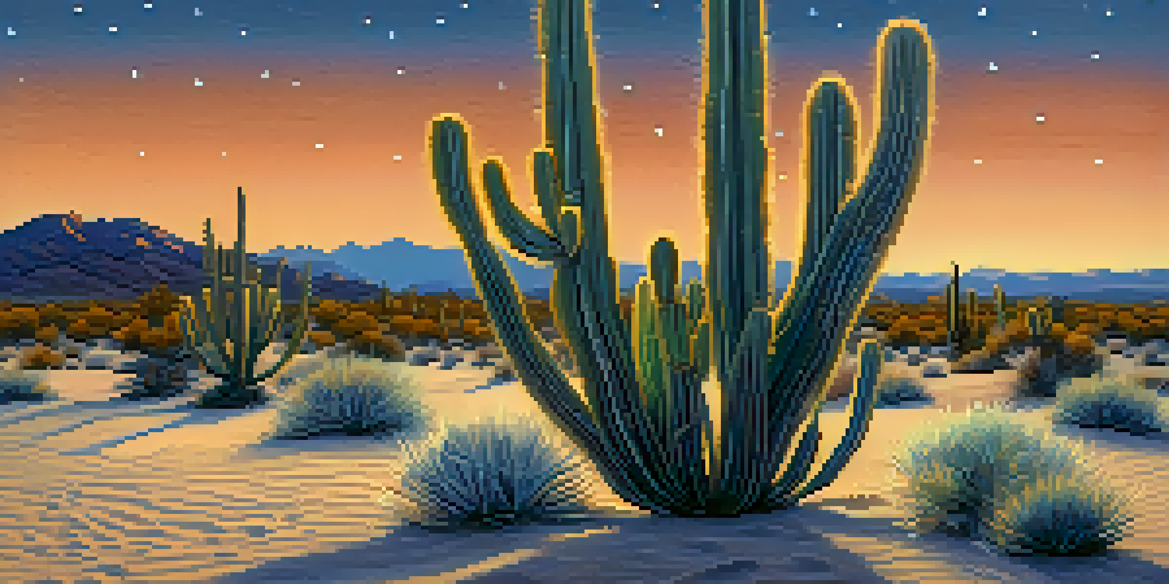 A serene desert landscape at dusk with a small peyote cactus in the foreground, illuminated by moonlight.
