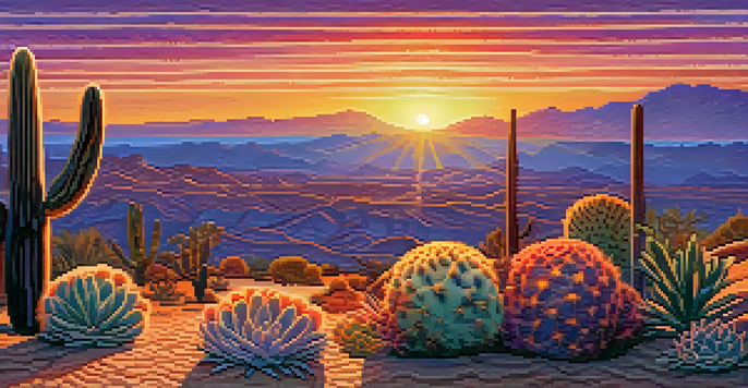 A colorful sunset over a desert landscape with a small peyote cactus in the foreground, showcasing intricate patterns and textures.