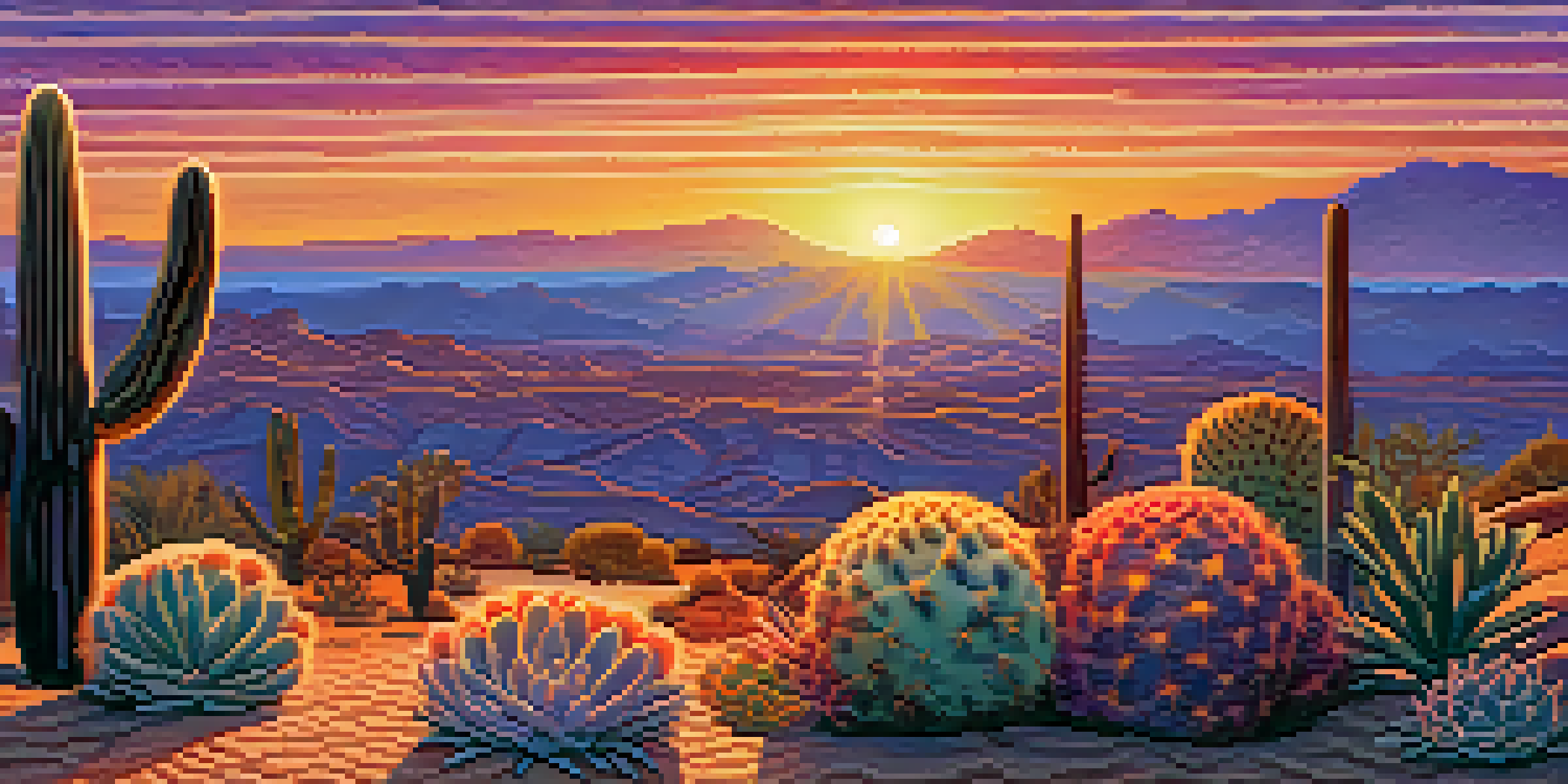 A colorful sunset over a desert landscape with a small peyote cactus in the foreground, showcasing intricate patterns and textures.