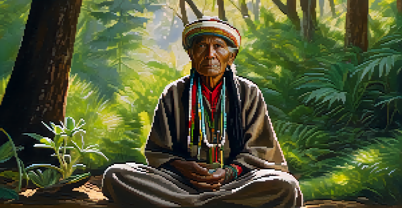 An Indigenous elder dressed in traditional clothing, holding a peyote cactus in a forest setting.