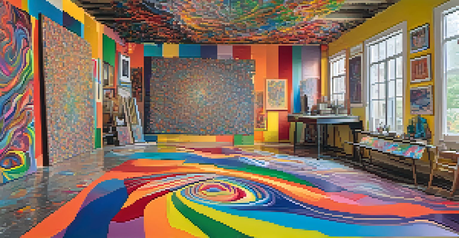 An artist's studio filled with colorful paintings and paint splatters, highlighting the creative process inspired by peyote.