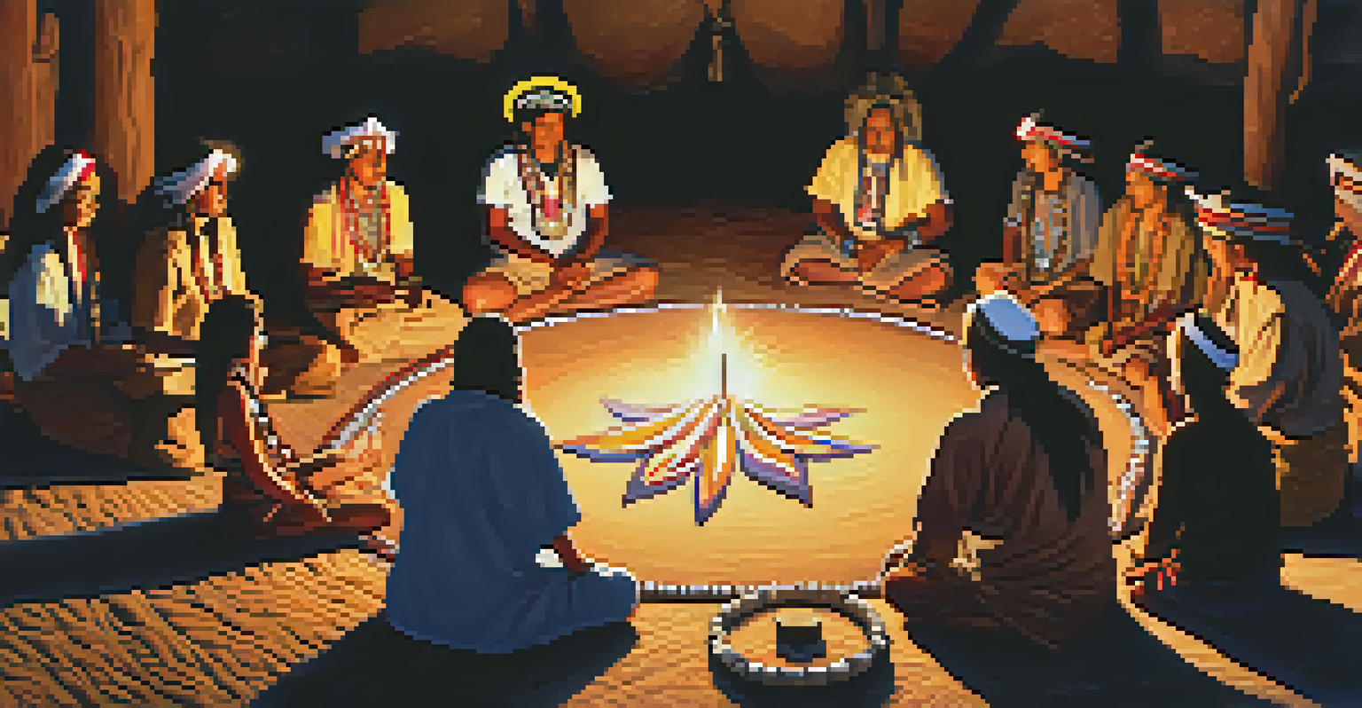 An Indigenous leader in a peyote ceremony with community members and warm candlelight.