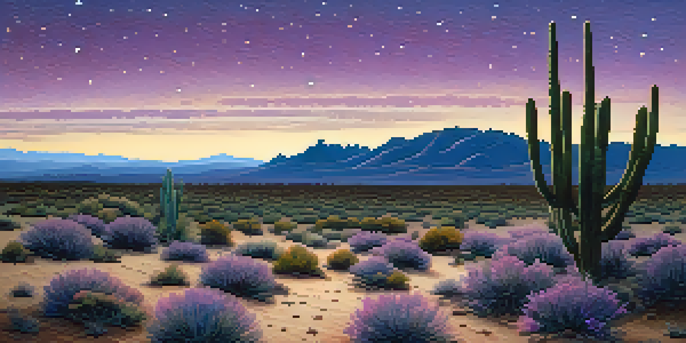 A peaceful desert scene at dusk with a peyote cactus in the foreground and a colorful sky.
