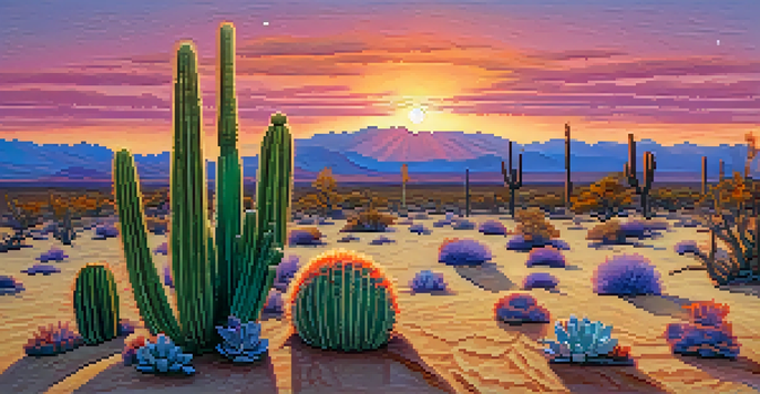 A sunset over a desert landscape with a small peyote cactus in the foreground, showcasing vibrant colors in the sky.