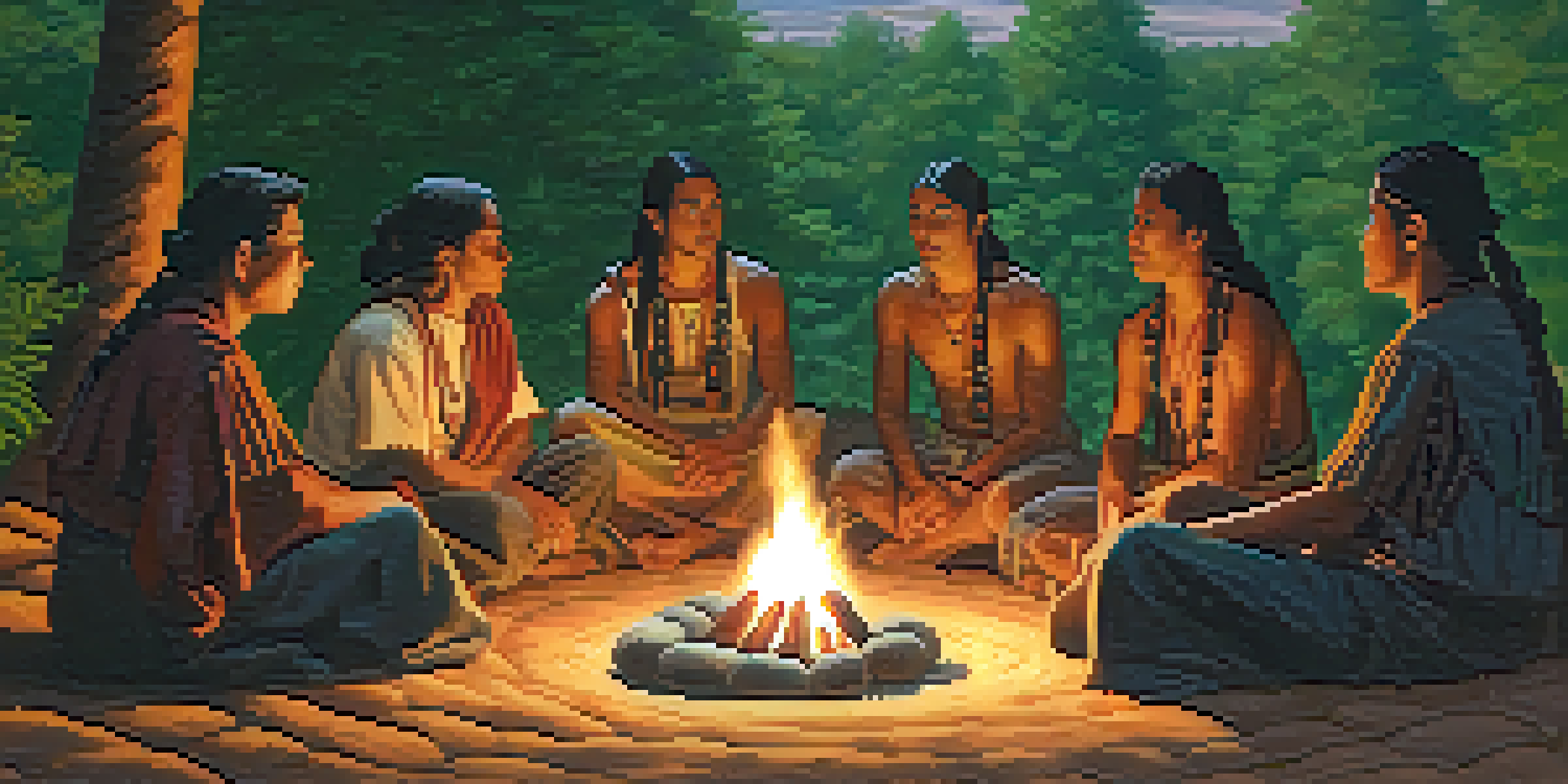 A group of Indigenous individuals in traditional attire gathered around a small fire, participating in a peyote ceremony under a starry night sky.