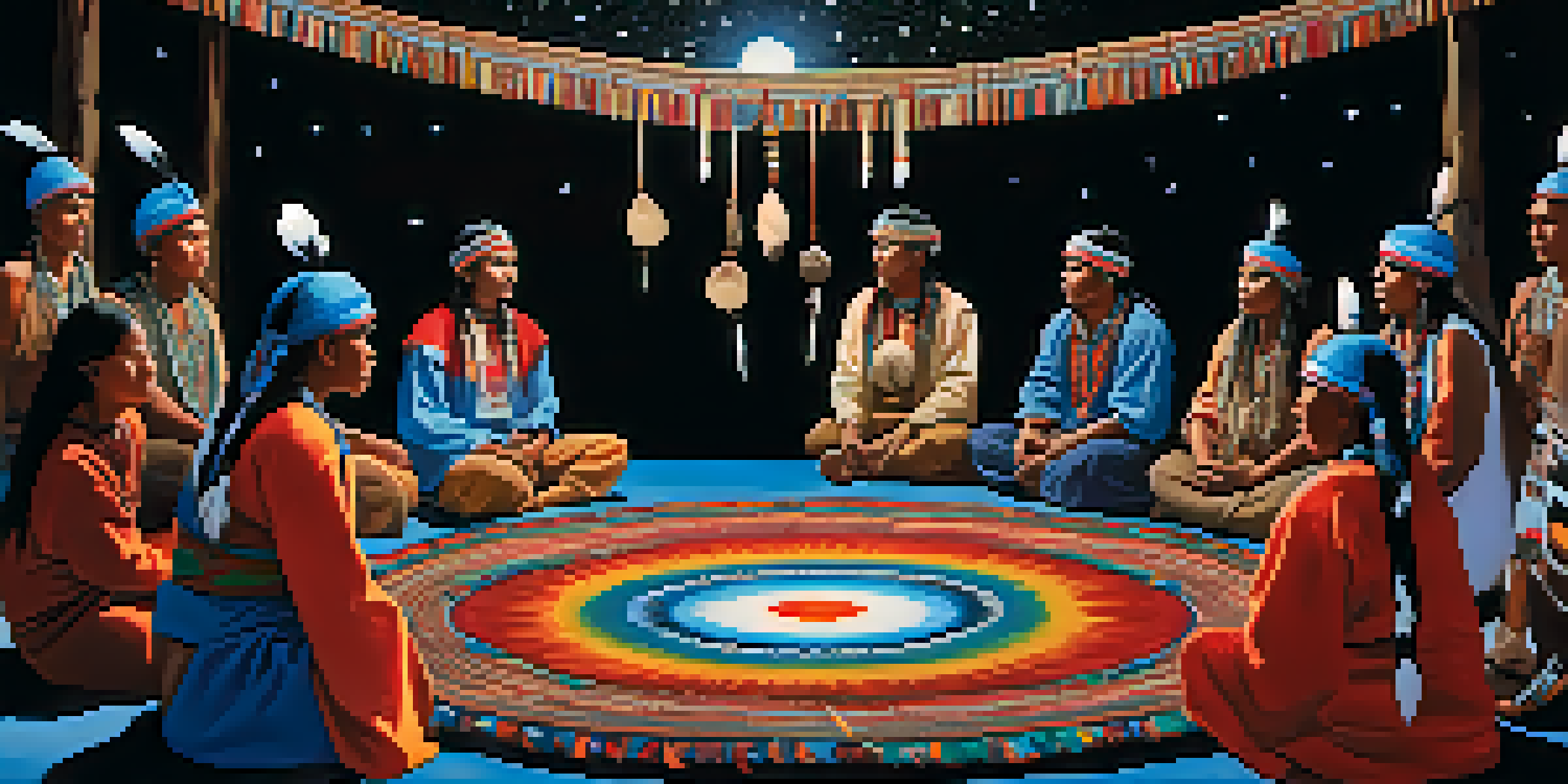 A group of Indigenous men and women gathered in a circle for a Peyote ceremony under a starlit sky, showcasing expressions of unity and spirituality.