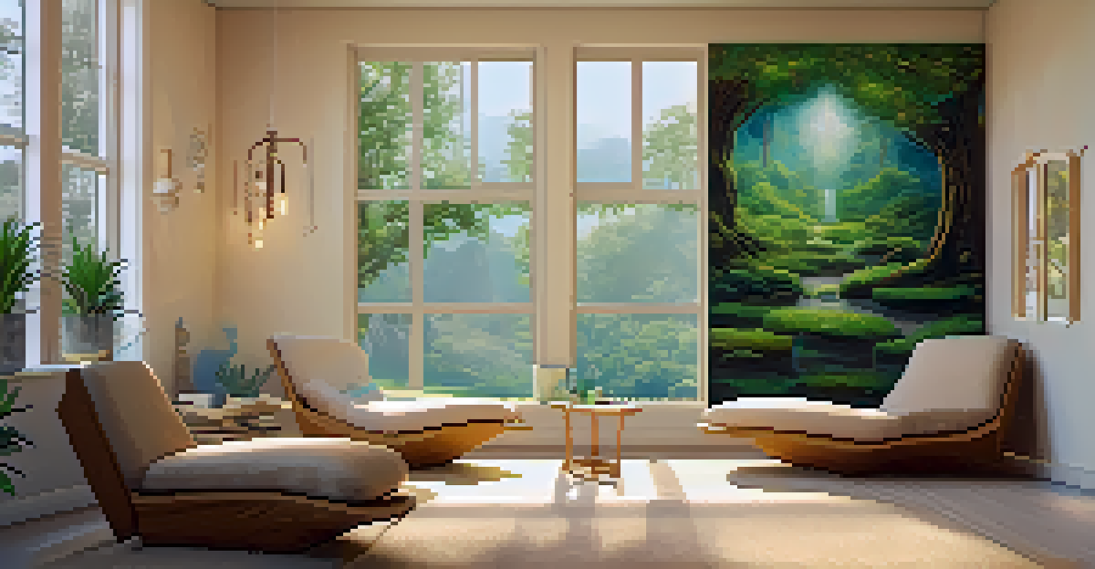 A tranquil therapy room with comfortable seating and soothing decor, designed for psychedelic therapy.