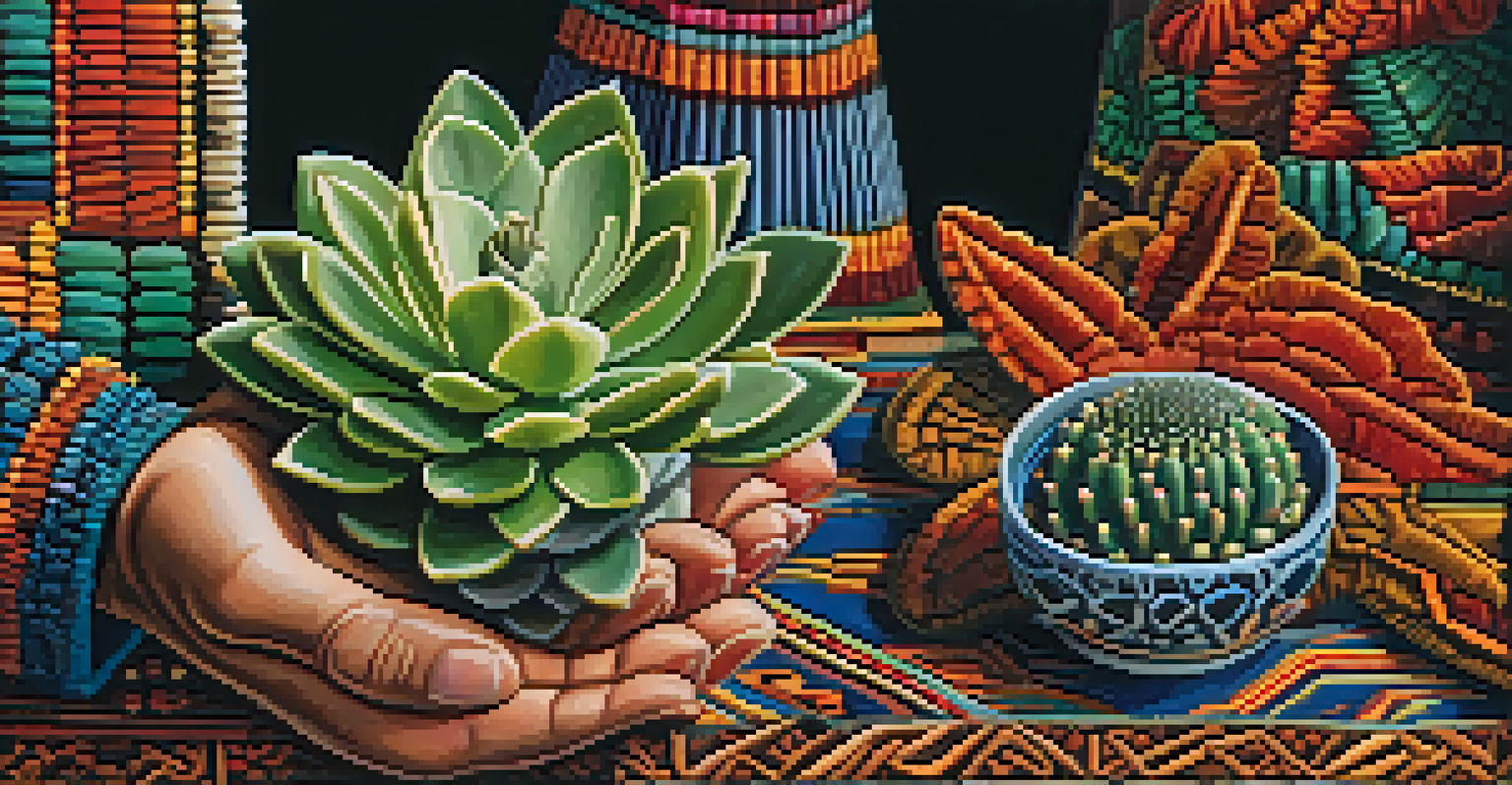Close-up of hands holding a peyote cactus with intricate textures, set against a blurred ceremonial space filled with traditional artifacts.