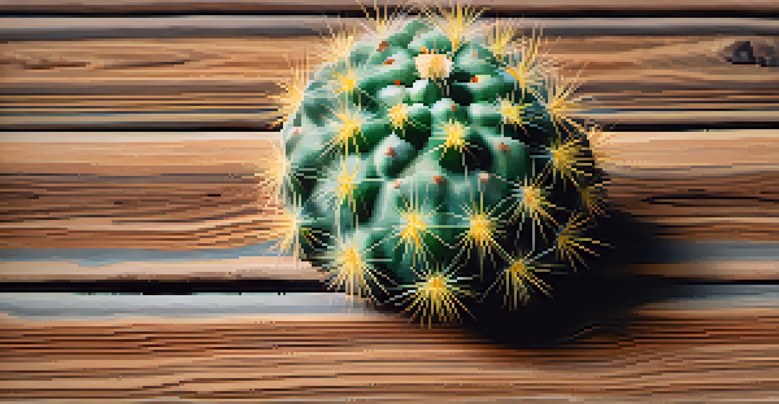 A detailed close-up of a Peyote cactus on a wooden surface, showcasing its colors and textures.