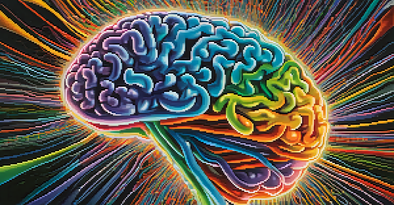 A colorful illustration of a brain with glowing neural pathways, surrounded by abstract light patterns.