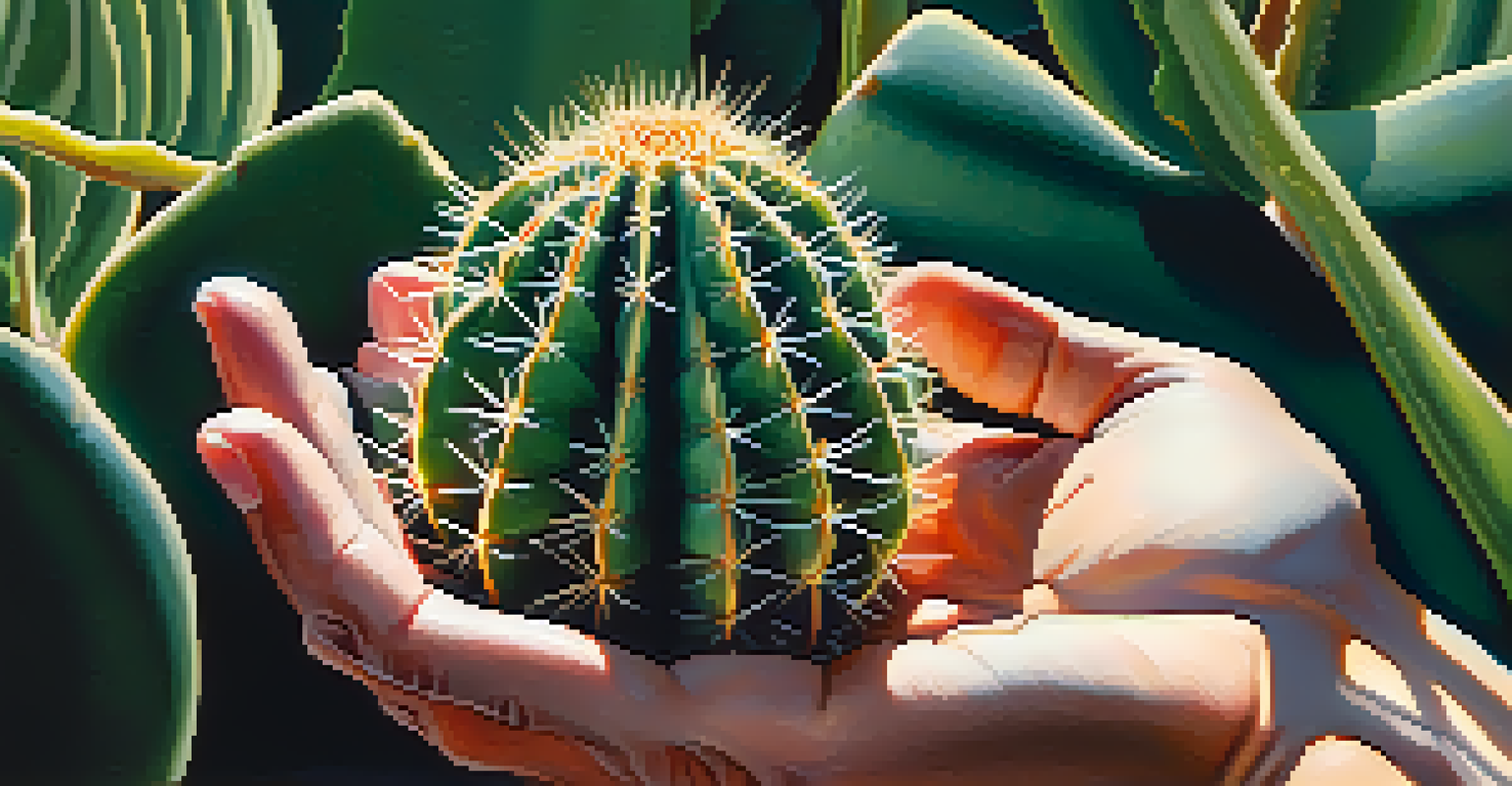 Close-up of hands holding a peyote cactus with a blurred green background and sunlight filtering through the leaves.