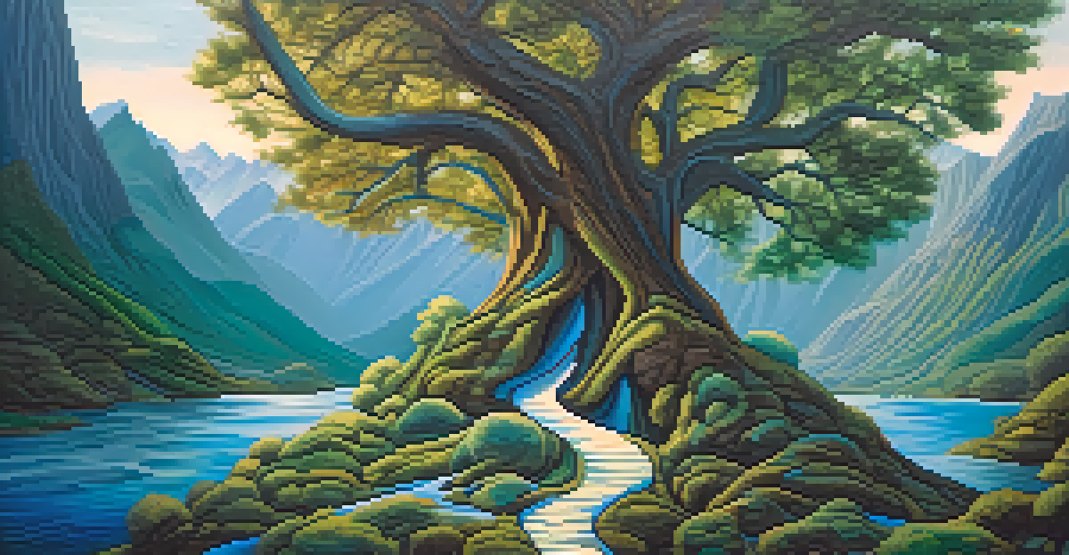 An abstract design representing oneness, combining nature elements and human figures in harmonious flow, with earthy colors.