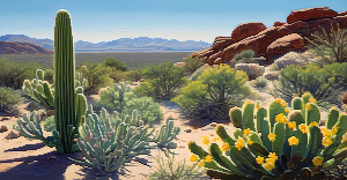 A peyote cactus surrounded by wildflowers in a desert landscape under a blue sky.