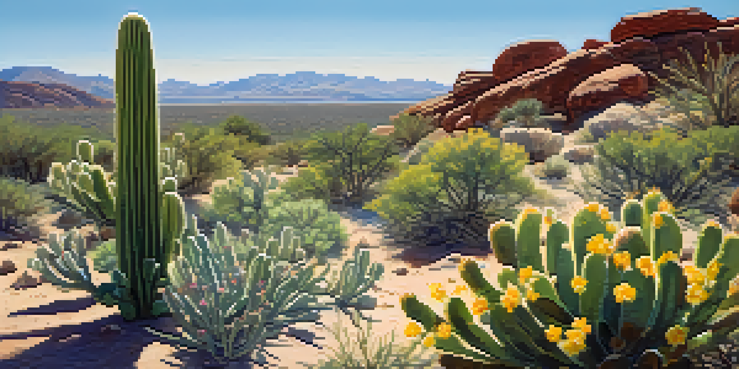 A peyote cactus surrounded by wildflowers in a desert landscape under a blue sky.