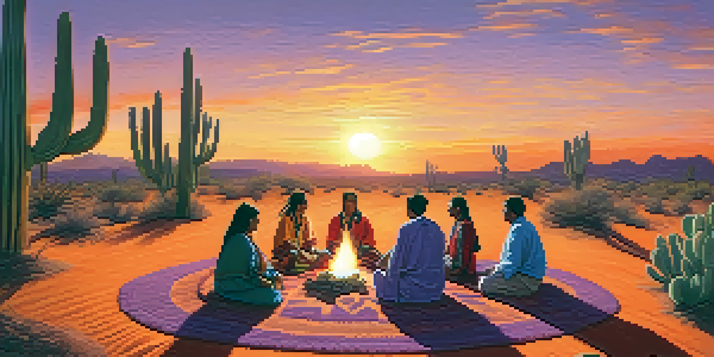A peaceful gathering during a Peyote ceremony in a desert at sunset, with participants in traditional attire around a fire, and Peyote cactus in the foreground.