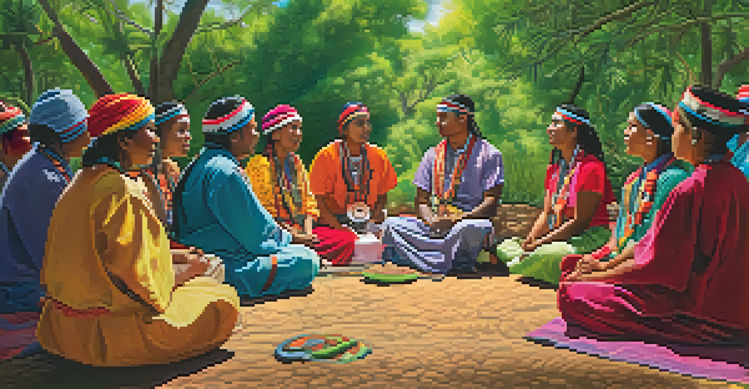 A group of people in colorful traditional attire sharing stories in a green outdoor setting during a Peyote ceremony.