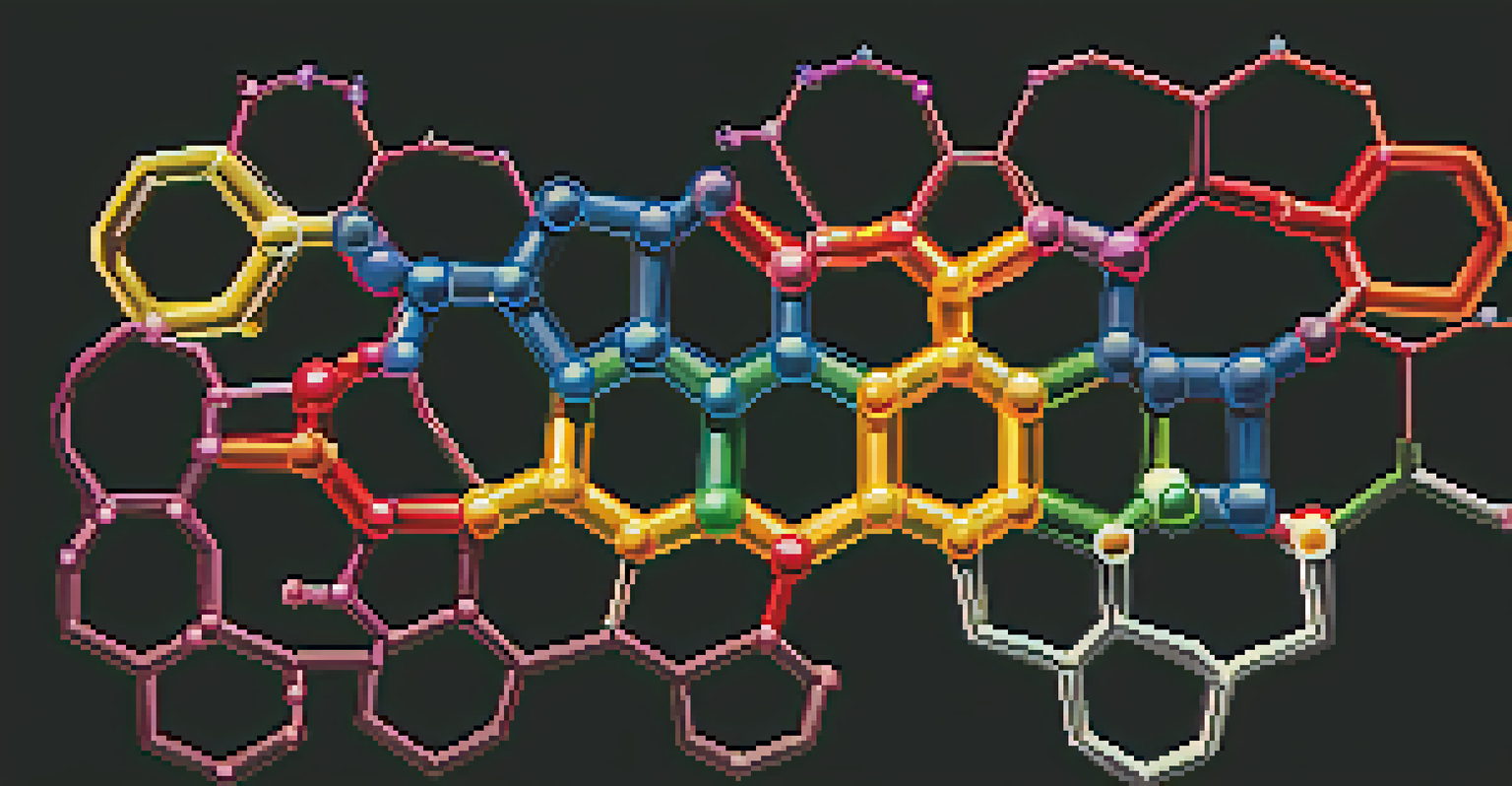 A vibrant artistic illustration of mescaline's chemical structure against a dark background, showcasing its atomic connections.