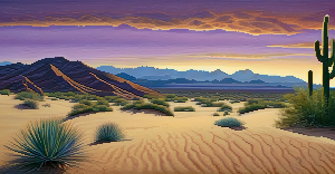 A small peyote cactus in a desert landscape at sunrise, with a colorful sky and sand dunes in the background.