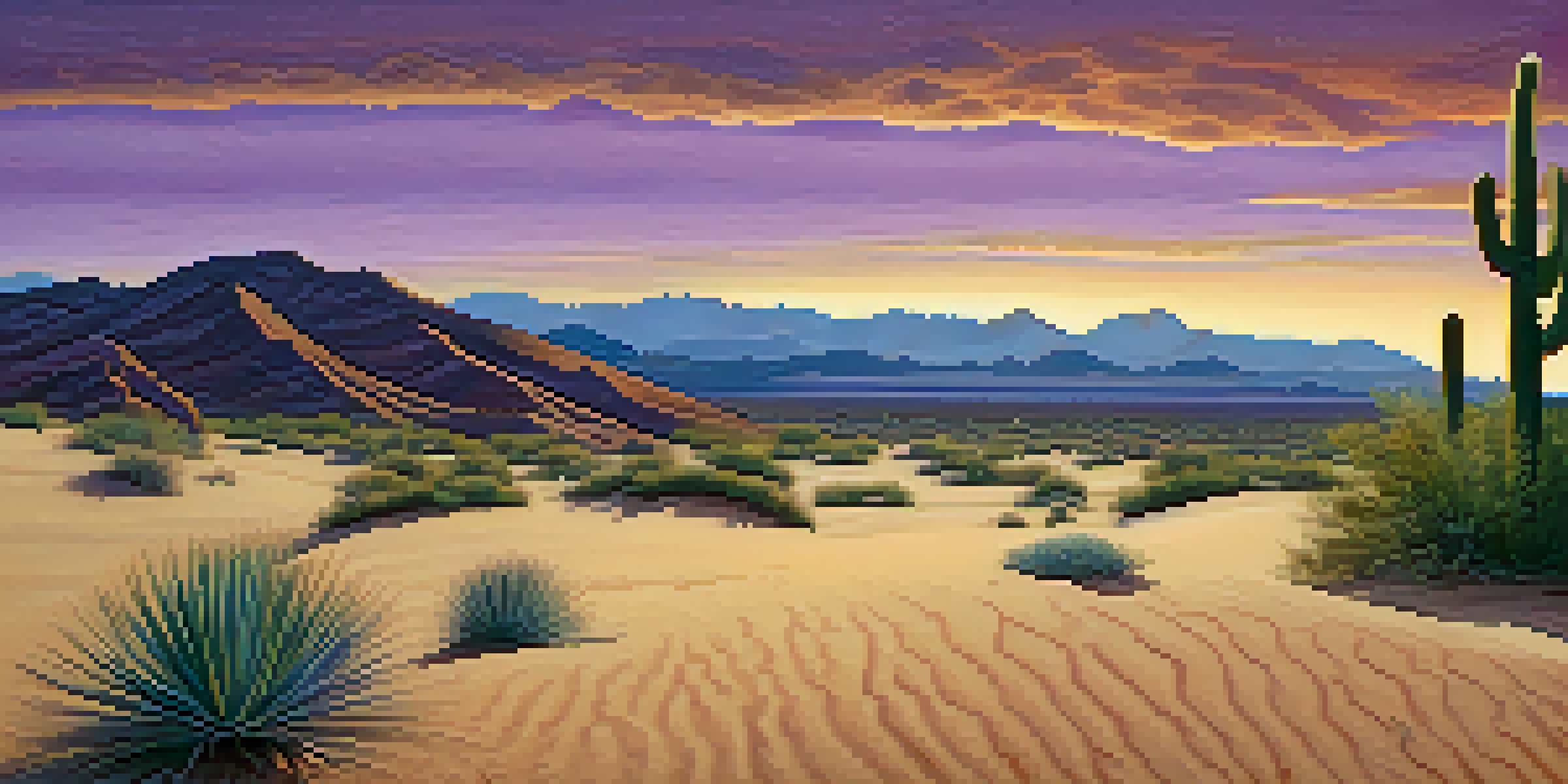 A small peyote cactus in a desert landscape at sunrise, with a colorful sky and sand dunes in the background.