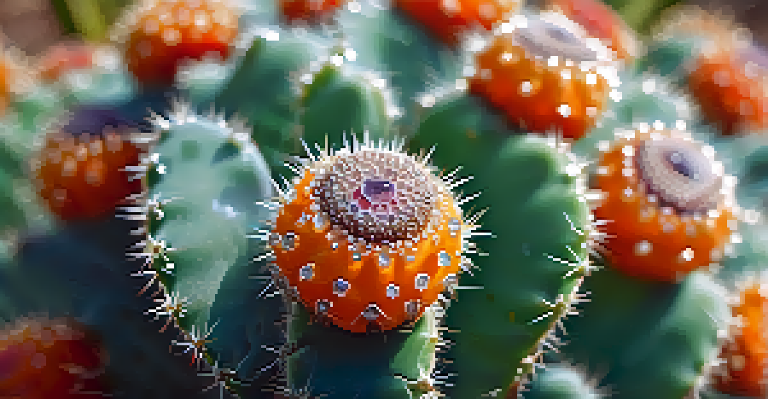 A close-up of a Peyote cactus with dew drops, highlighting its vibrant colors and textures.