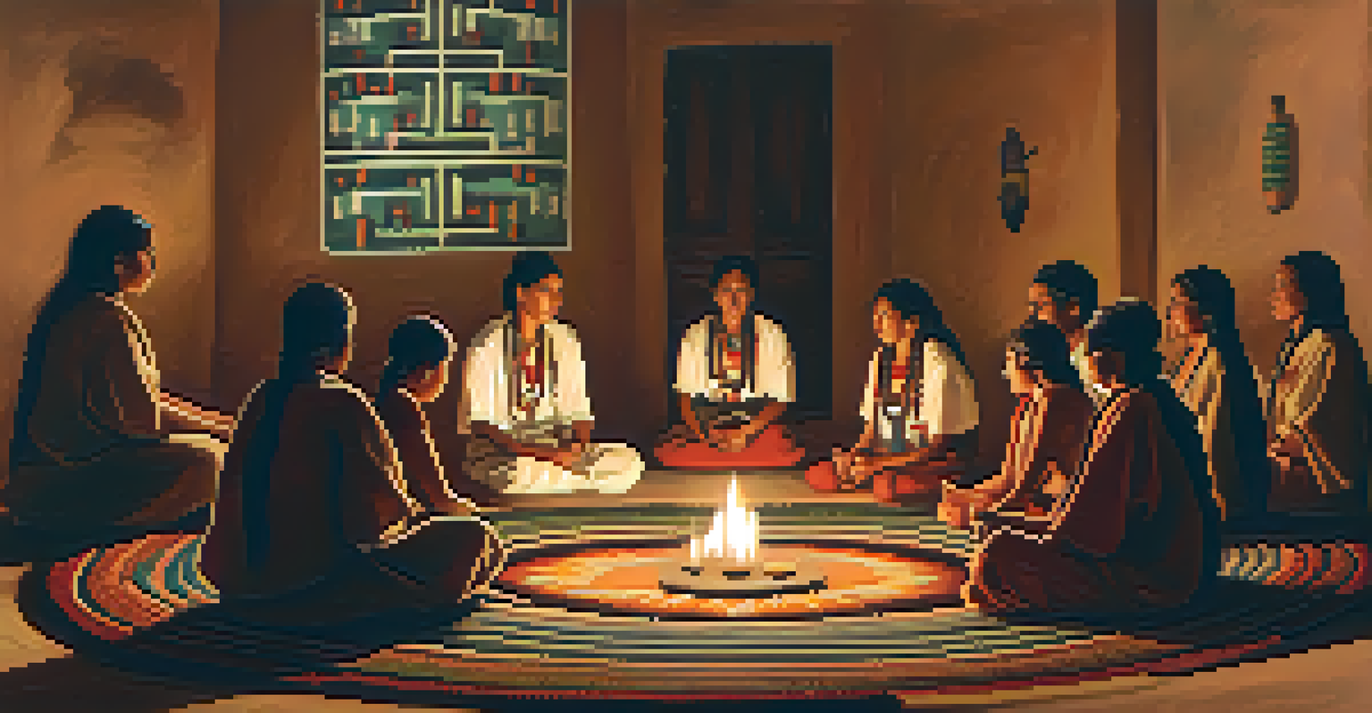 Participants in a Peyote ceremony seated in a circle with a bowl of Peyote on a central table, surrounded by warm candlelight.