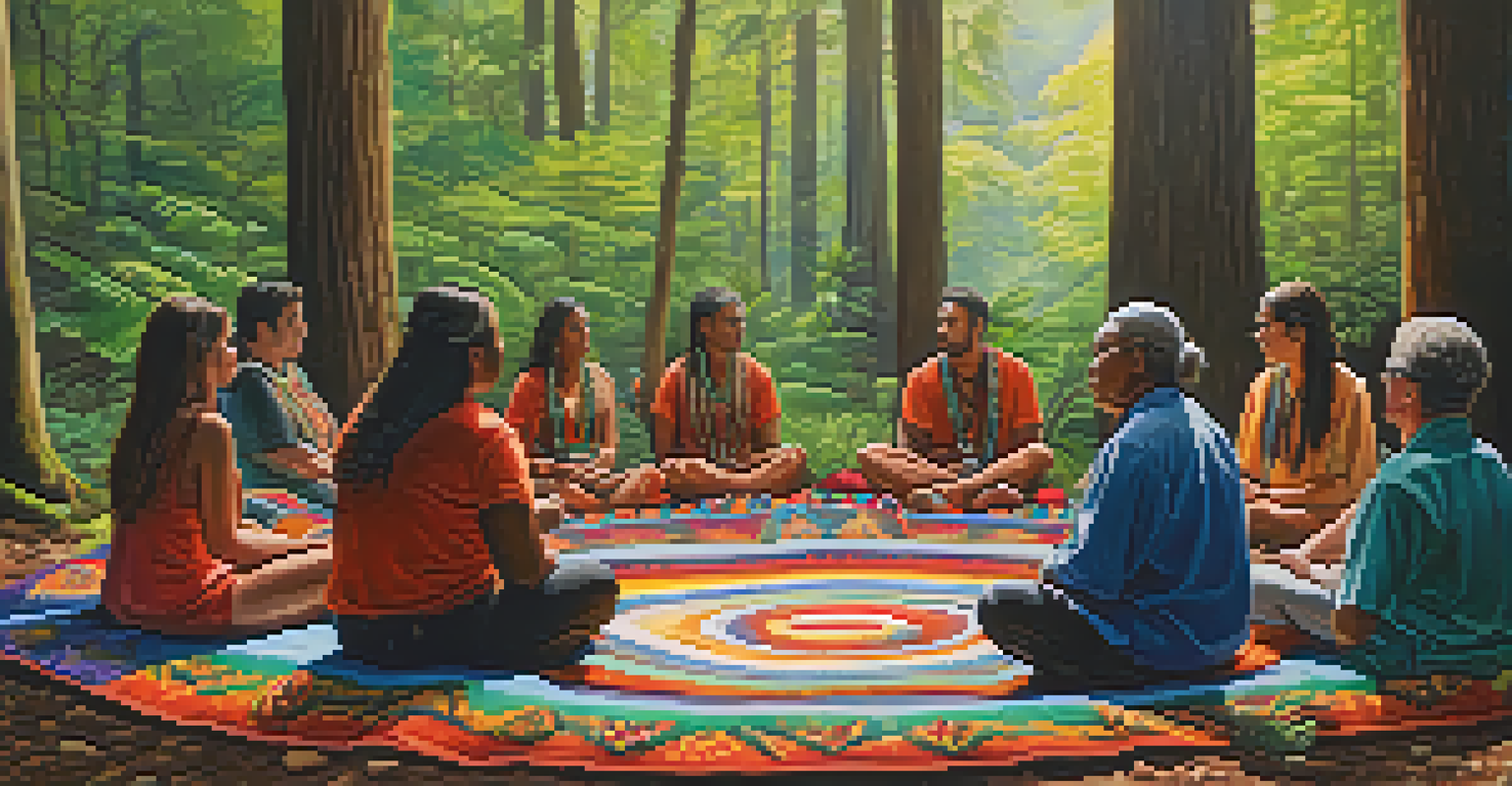 A group of people gathered in a circle for a peyote ceremony in a forest.
