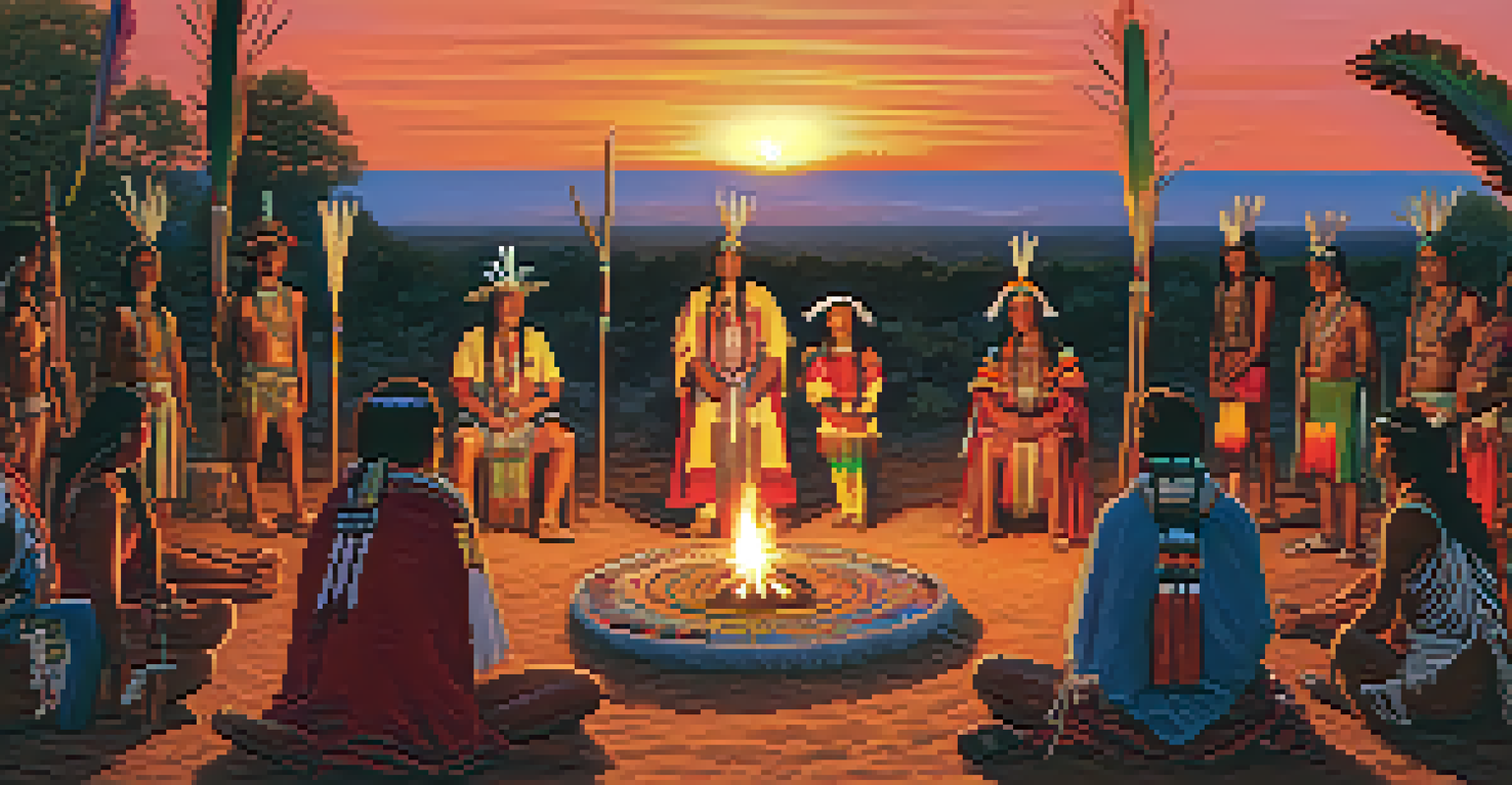 Indigenous ceremony at sunset with participants in colorful regalia and a ceremonial altar.