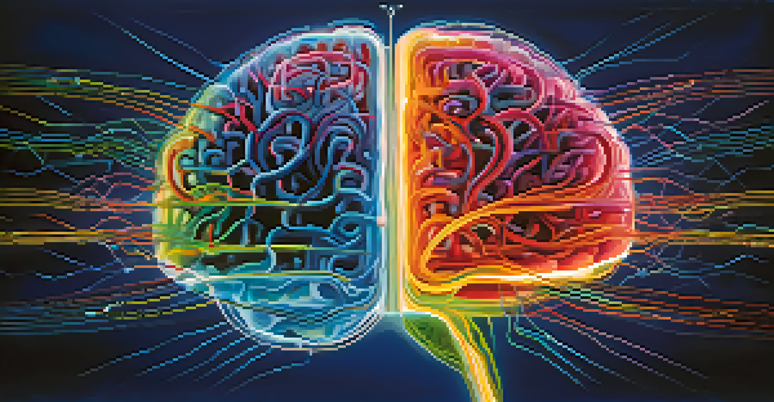 An artistic representation of colorful neural pathways in the brain, symbolizing emotions and thoughts.