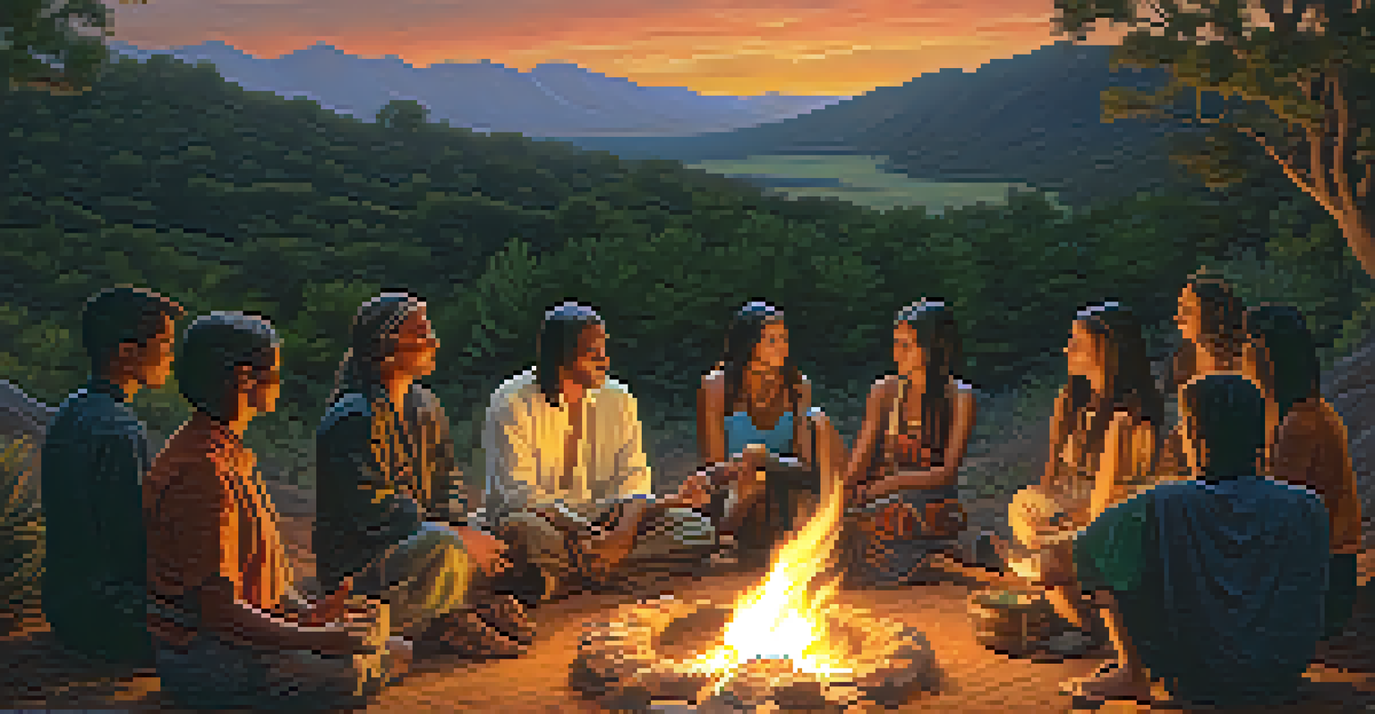 A group of diverse individuals gathered around a campfire at dusk, engaged in a spiritual ceremony with traditional symbols.