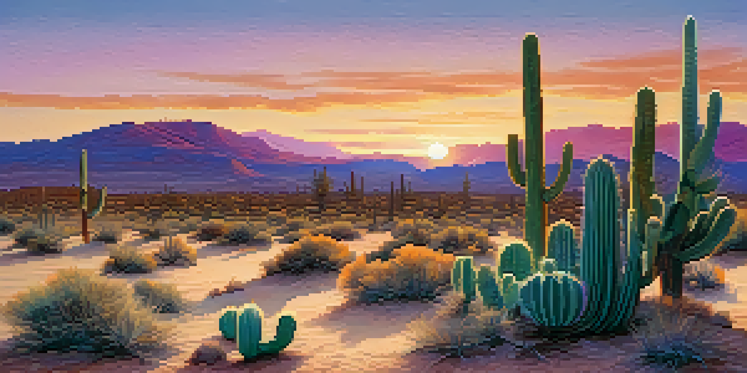 A peaceful desert scene with a small Peyote cactus in the foreground, illuminated by a colorful sunset.