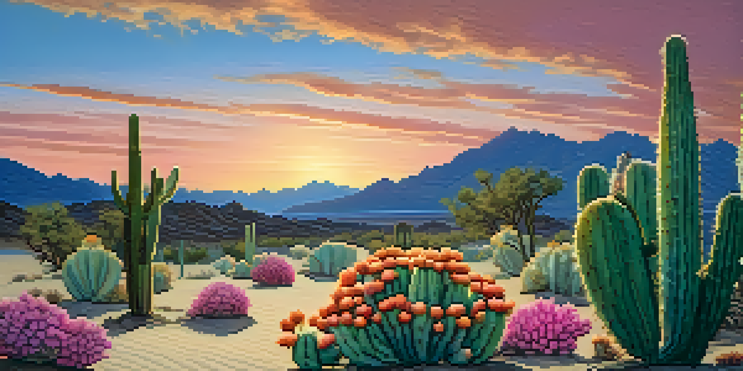 A peaceful desert scene at dusk with peyote cacti and colorful sky.