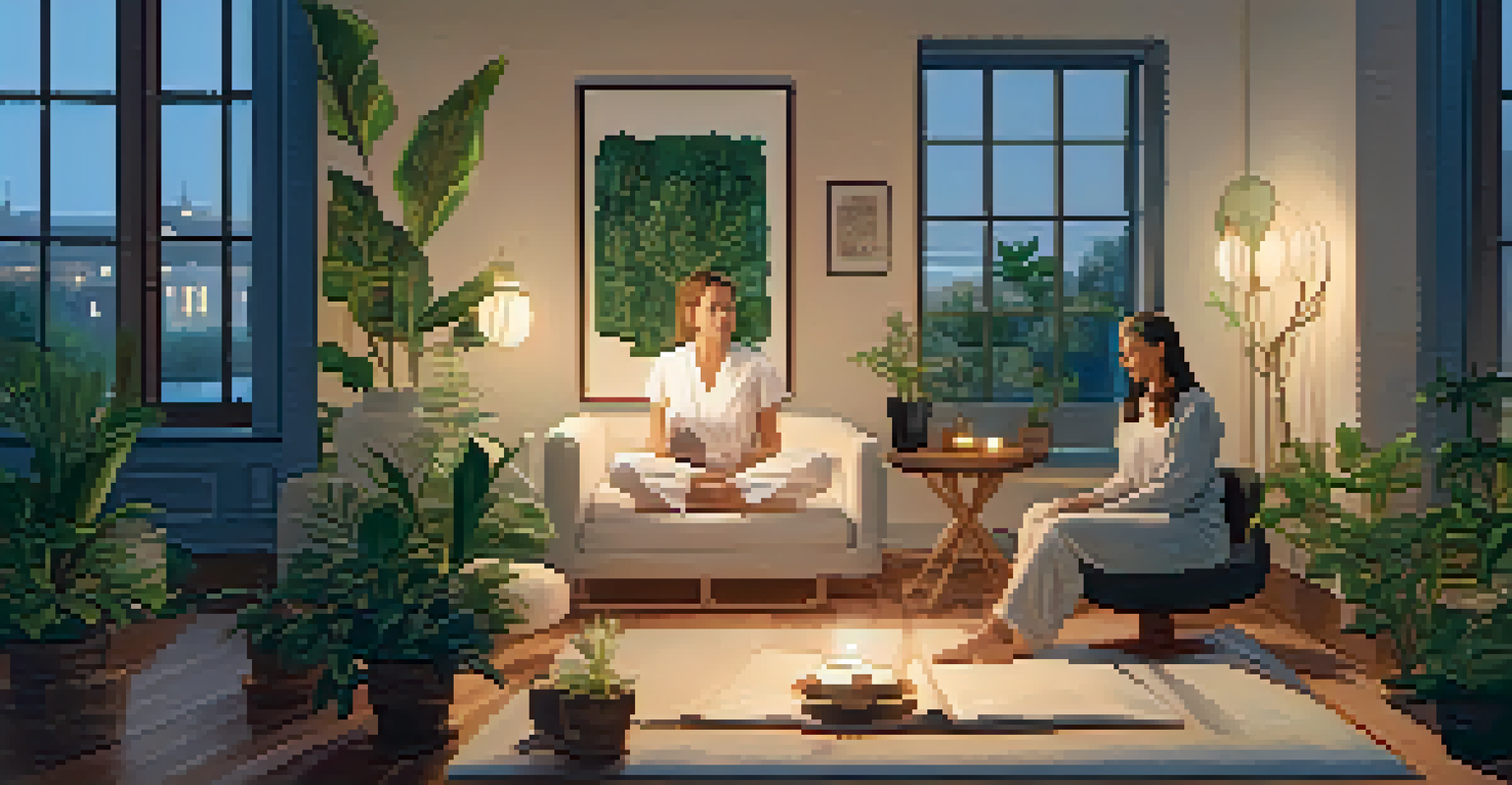 A cozy therapy session with a participant sitting cross-legged on a cushion and a therapist nearby, surrounded by plants and soft lighting.