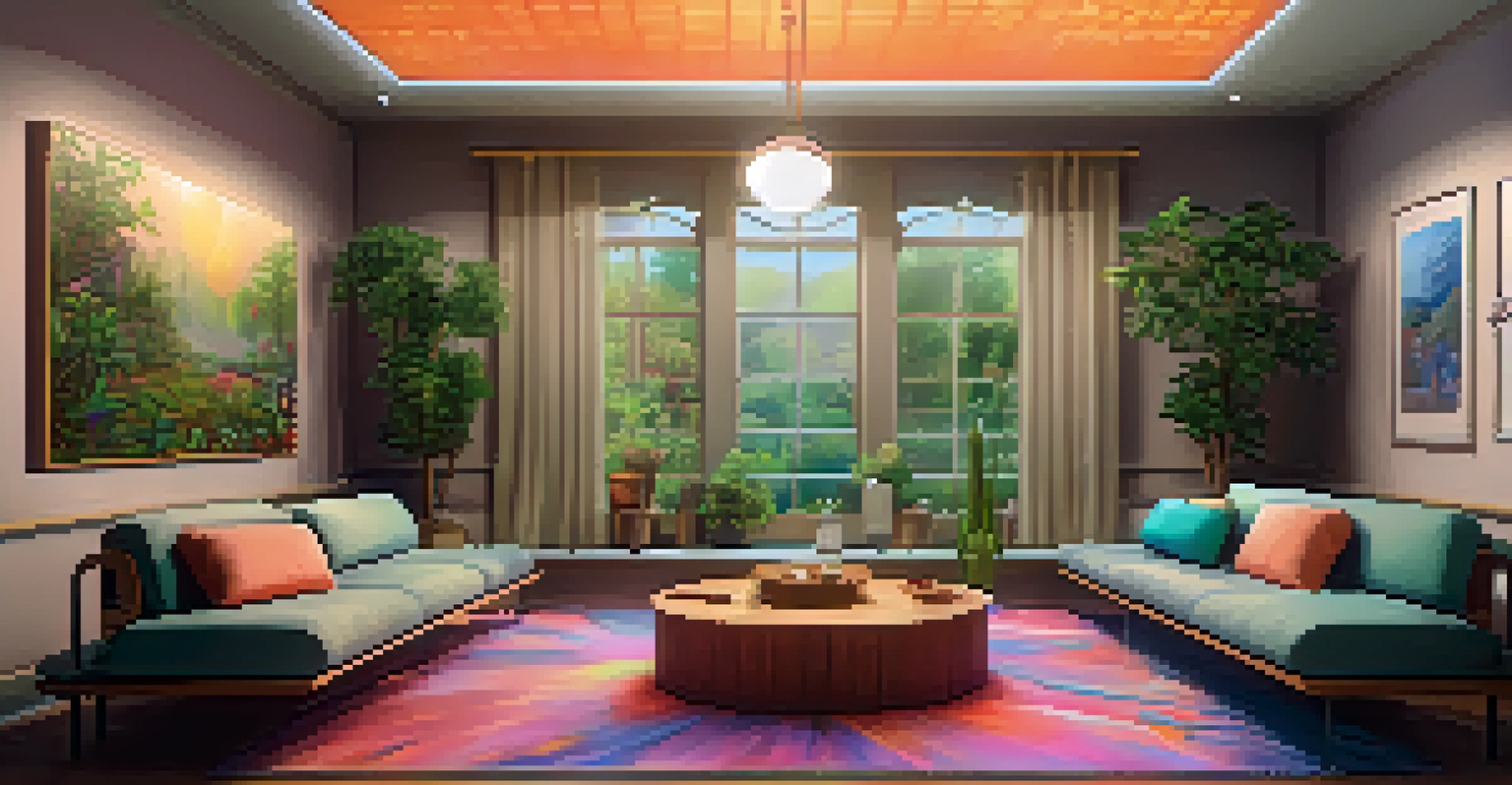 A tranquil therapy room with comfortable seating, soft lighting, and calming decorations for psychedelic therapy.