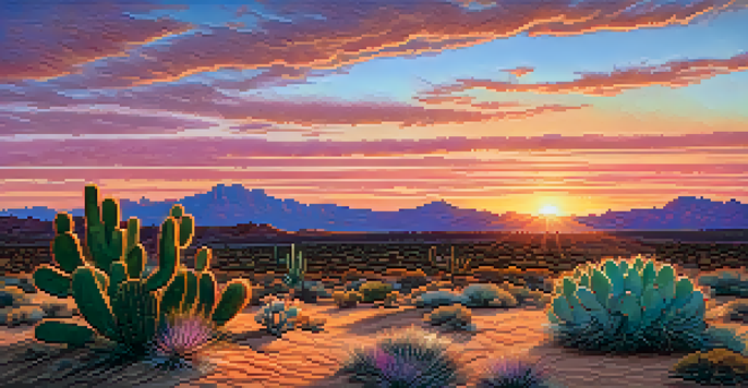 A beautiful desert landscape with a vibrant sunset and a small peyote cactus in the foreground.