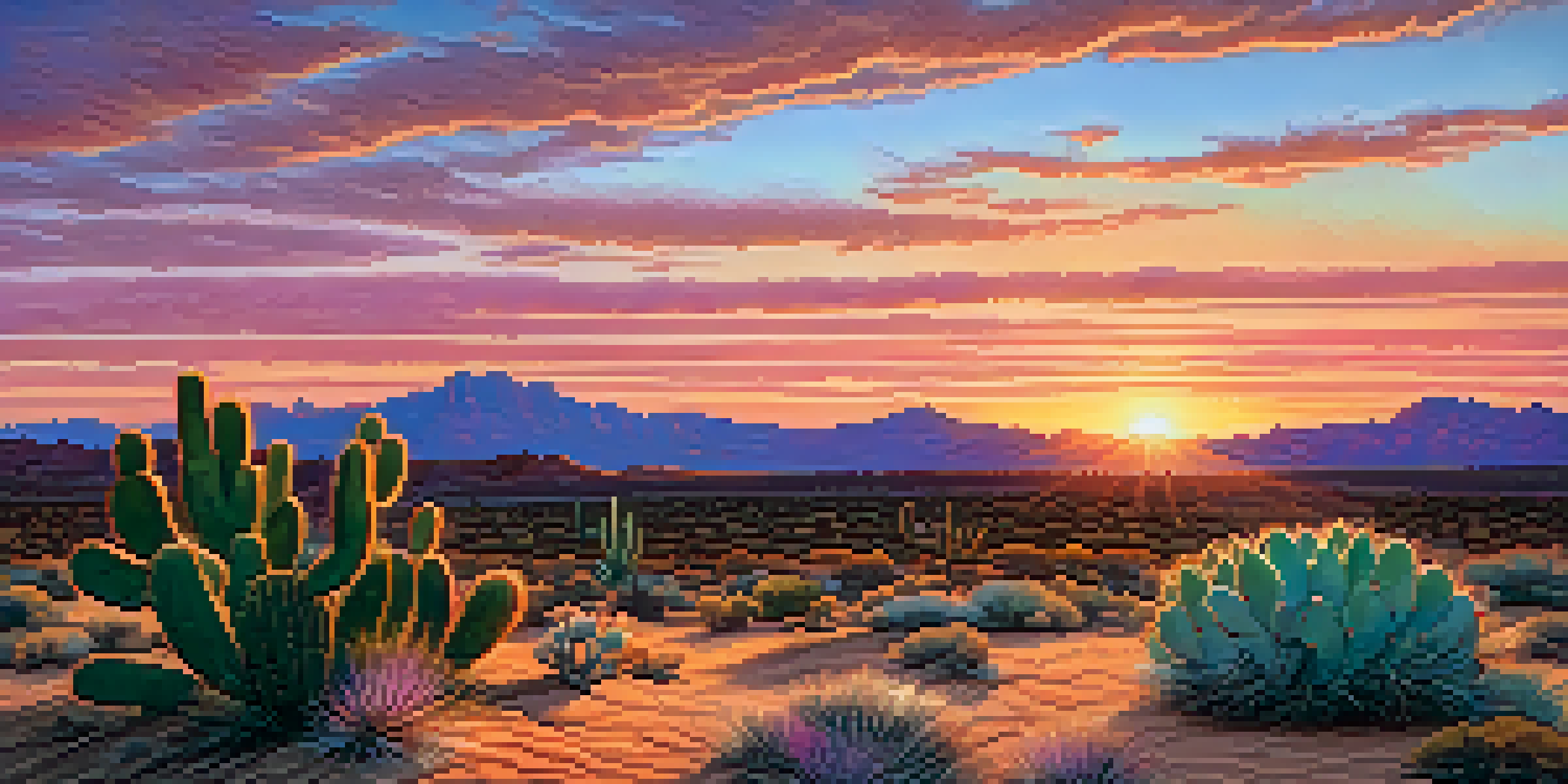 A beautiful desert landscape with a vibrant sunset and a small peyote cactus in the foreground.