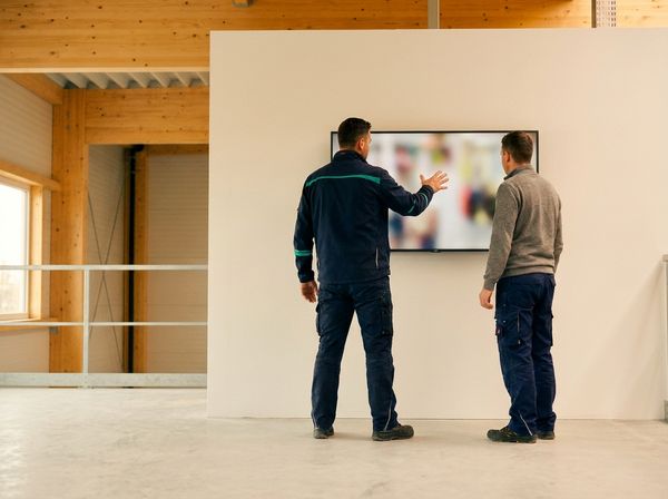 Two colleagues at a wall-mounted screen in a warehouse office, one pointing at it as they talk through what it shows.