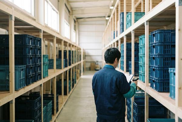 A warehouse aisle of stacked blue and green crates, a colleague checking stock with a scanner.