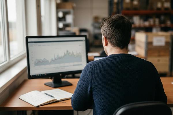 Seen from behind, someone at a desk studying a demand curve on a monitor.