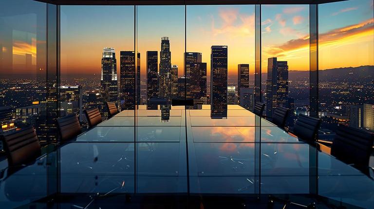 a determined business 税务律师 confidently reviews documents in a sleek, modern los angeles office, surrounded by city skyline views和 polished surfaces, emphasizing professionalism和 专业ise.