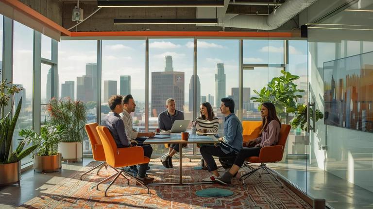 a modern los angeles office setting features a business tax specialist confidently presenting financial insights to a diverse group of engaged entrepreneurs amidst sleek technology和 vibrant city views.