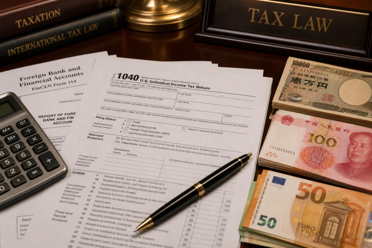 IRS Form 3520 tax documents with foreign currency on desk for reporting foreign gifts from parents