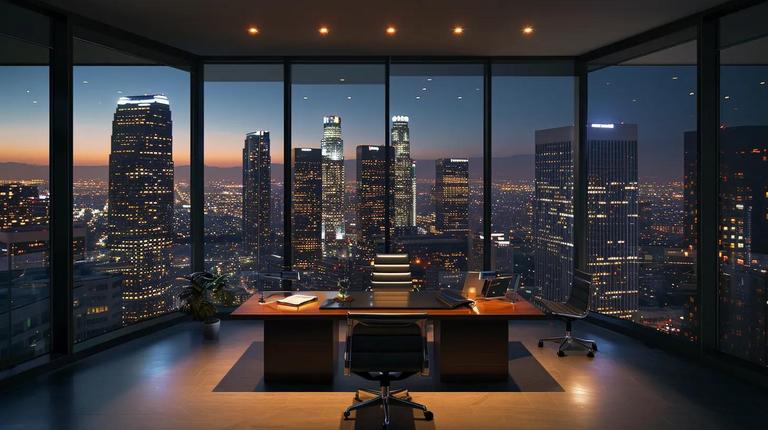 a sleek, modern office in downtown los angeles, showcasing a confident business 税务律师 discussing strategies with a client, illuminated by bright overhead lights和 framed by a panoramic city skyline view through large windows.