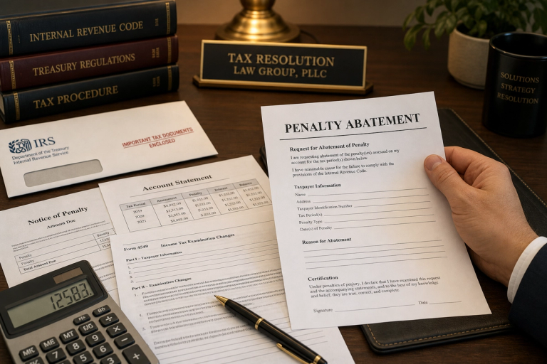 IRS penalty assessment documents showing Form 3520 penalty abatement process