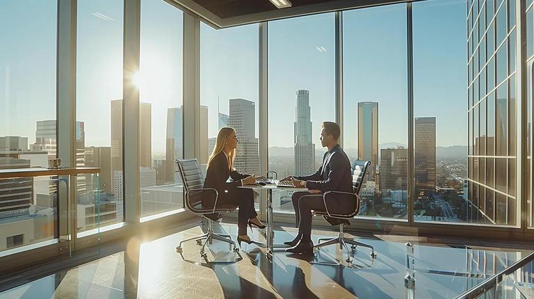 a modern, well-lit los angeles office features a professional business 税务律师 engaged in an in-depth consultation with a client, with sleek furnishings和 a city skyline visible through the large windows, emphasizing the seriousness和 专业ise needed in tax legal matters.