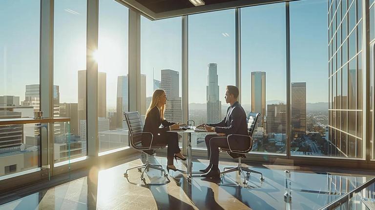 a modern, well-lit los angeles office features a professional business 税务律师 engaged in an in-depth consultation with a client, with sleek furnishings和 a city skyline visible through the large windows, emphasizing the seriousness和 专业ise needed in tax legal matters.