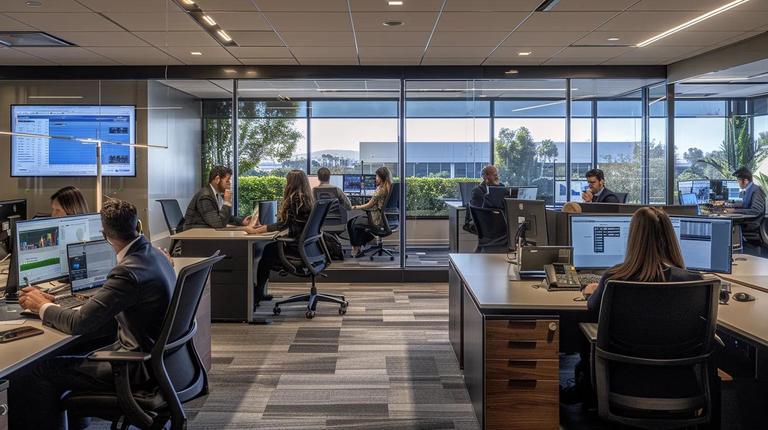 a sleek, modern office environment features a diverse group of professionals intently discussing los angeles tax laws, surrounded by open laptops displaying complex financial documents and charts.