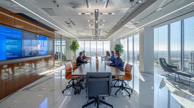 a sleek, modern office environment is depicted with a diverse group of professionals engaged in a vibrant discussion around a large conference table, symbolizing the collaborative efforts to navigate federal tax relief programs available to los angeles residents.