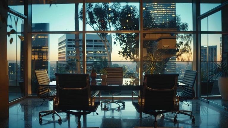 una moderna oficina legal en los angeles, con una imponente mesa de conferencias de vidrio en el centro, rodeada de sillas elegantes, con un abogado tributario en una seria conversación con clientes, iluminado por cálida luz interior que realza el ambiente de profesionalismo y experiencia.